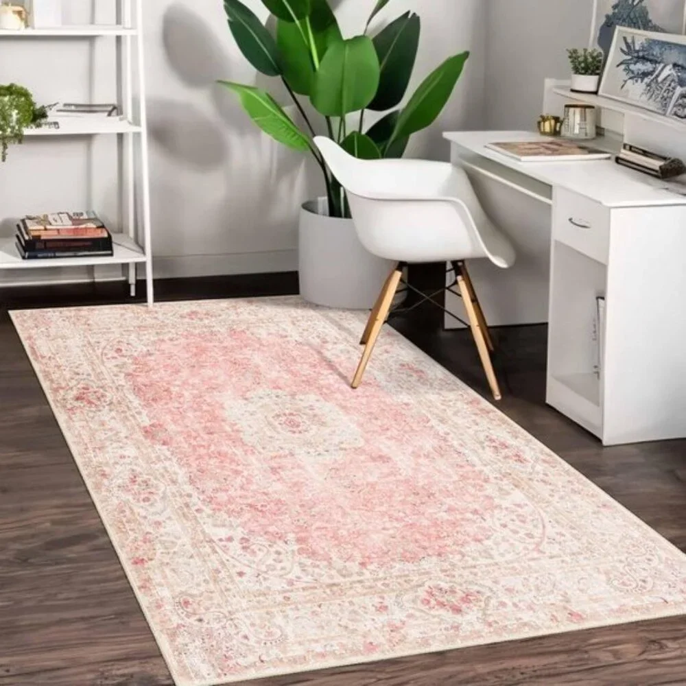 New 3x5 Pink Area Rug, Washable, Non-Slip Vintage Distressed Carpet for Bedroom